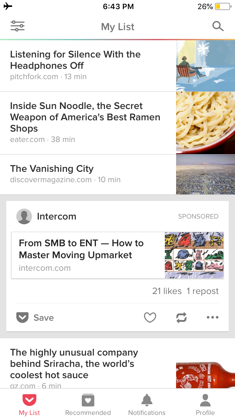 intercom's campaign on the pocket app
