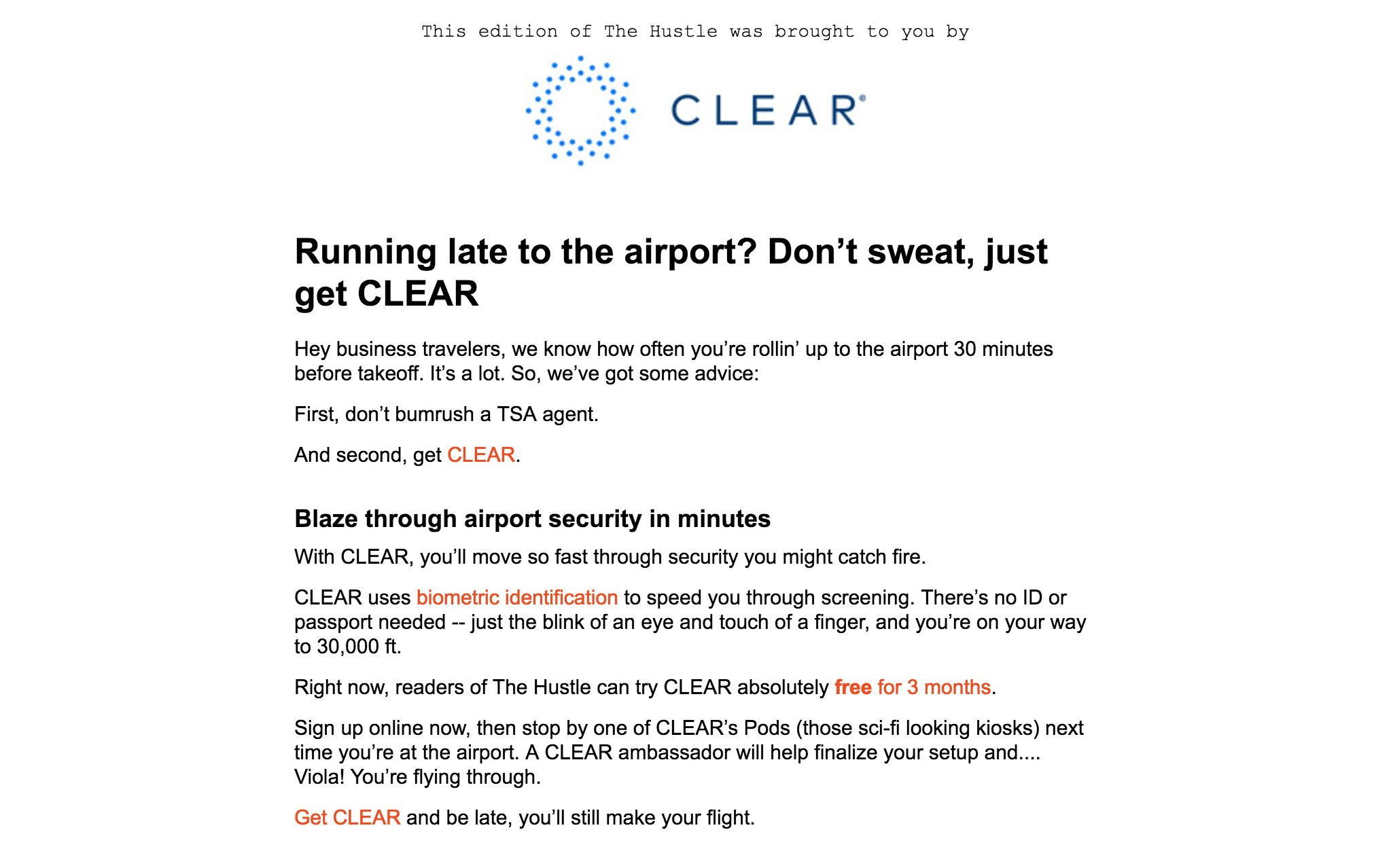 CLEAR's email sponsorship in The Hustle.