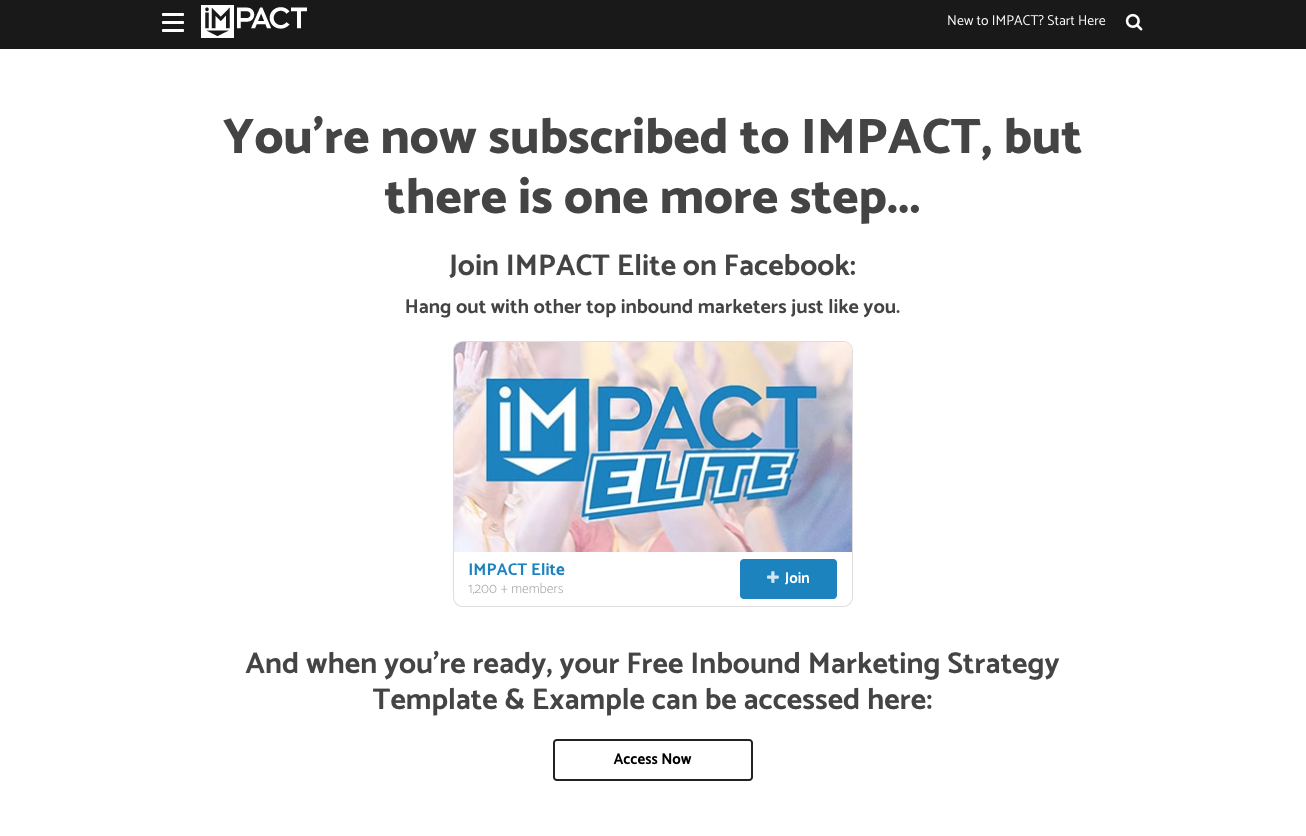 Screenshot of Impact Thank You page with link to subscribe to Facebook group.