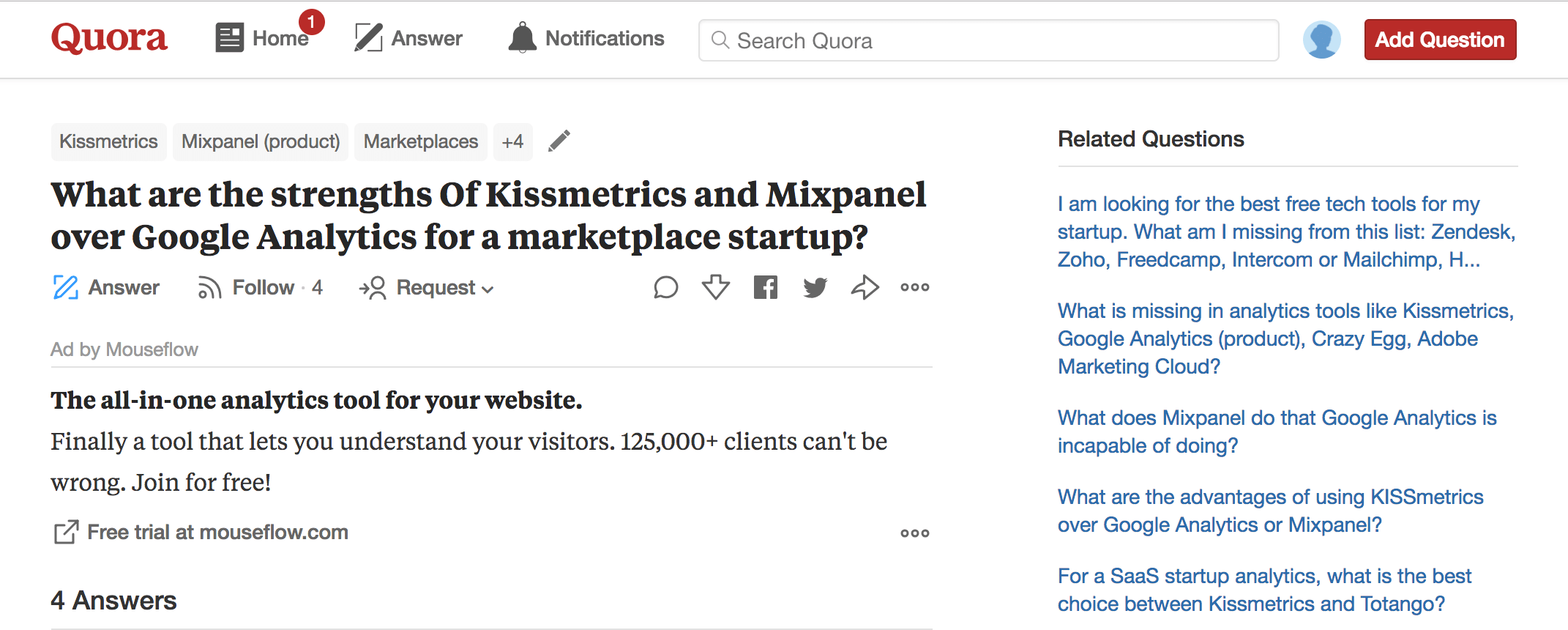 Mouseflow ad on Quora post