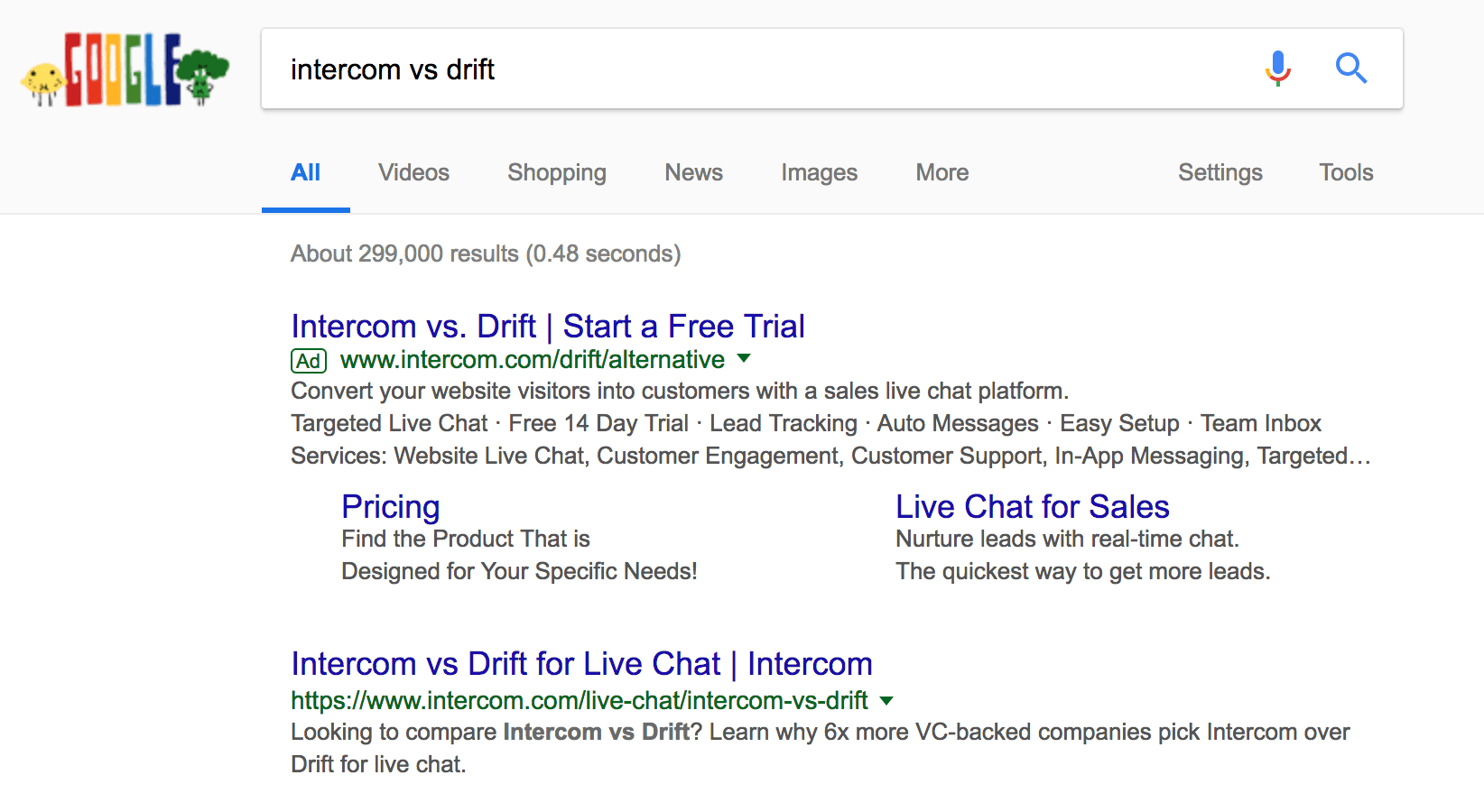 Search engine results for Drift vs Intercom
