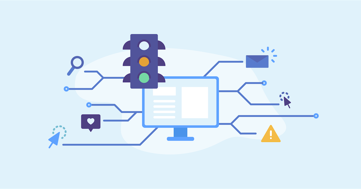 Illustration with a computer and traffic lights.