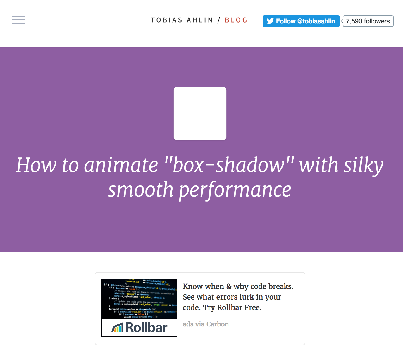 Rollbar ad on Tobias Alhin blog