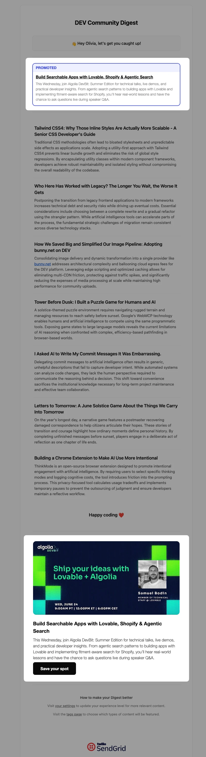 Dev.to Digest Email example on Dev Community