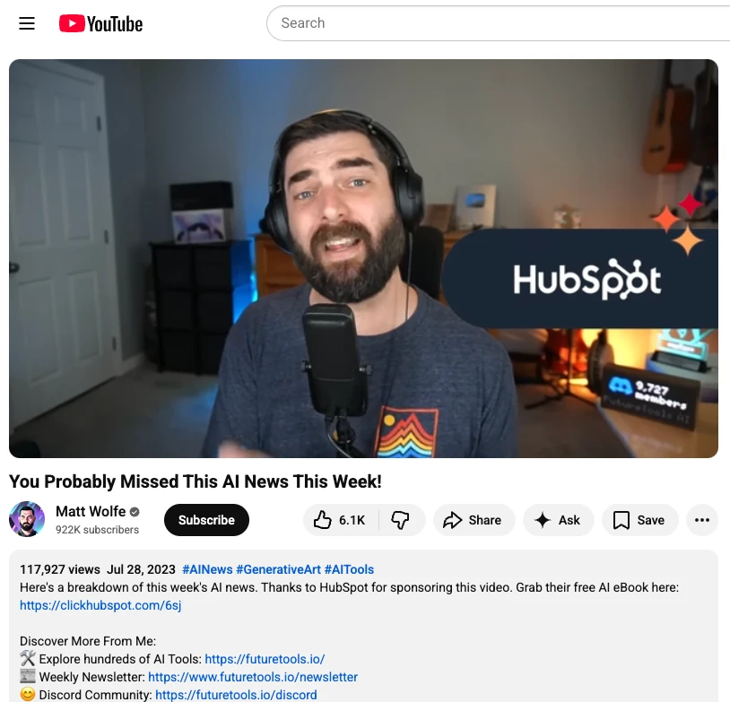 YouTube Mid-Roll Sponsorship example on Future Tools by Matt Wolfe