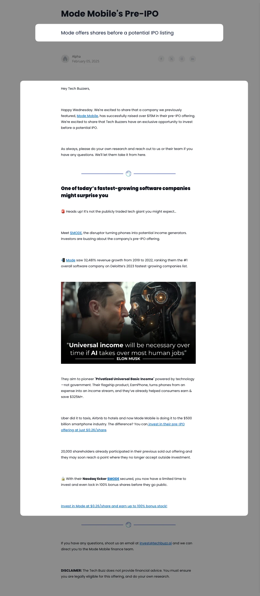 Dedicated Email example on Tech Buzz