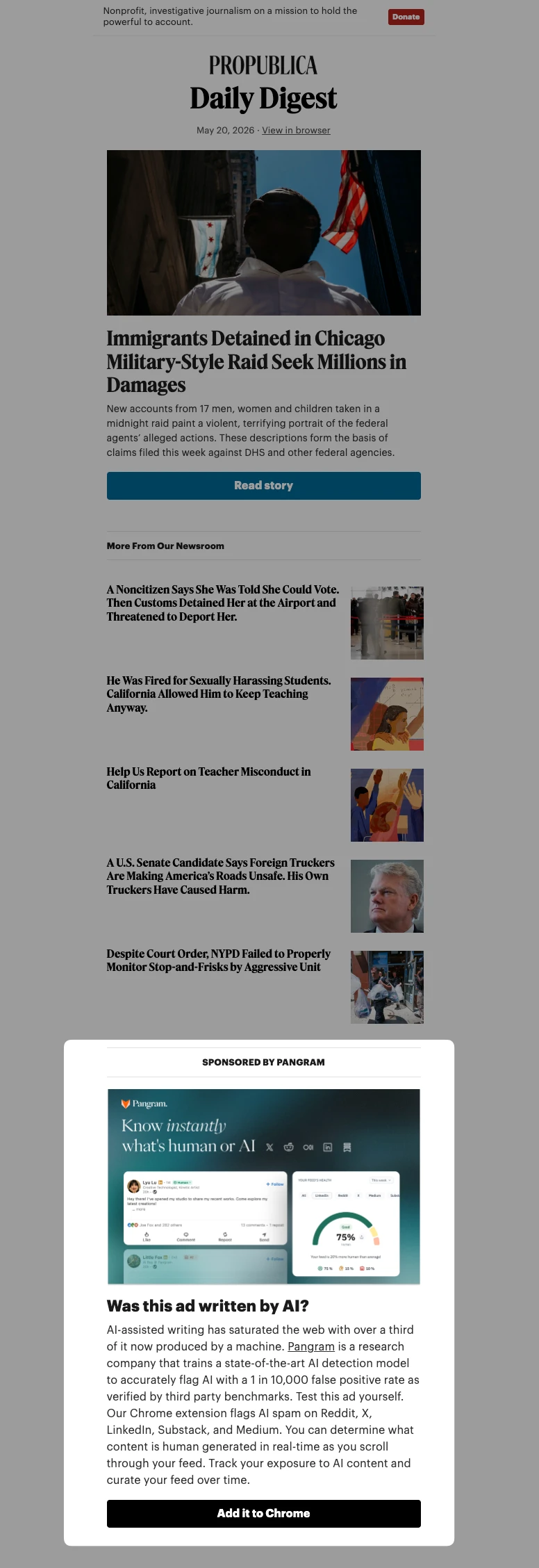 The Daily Digest Newsletter - Weekly Sponsorship example on ProPublica