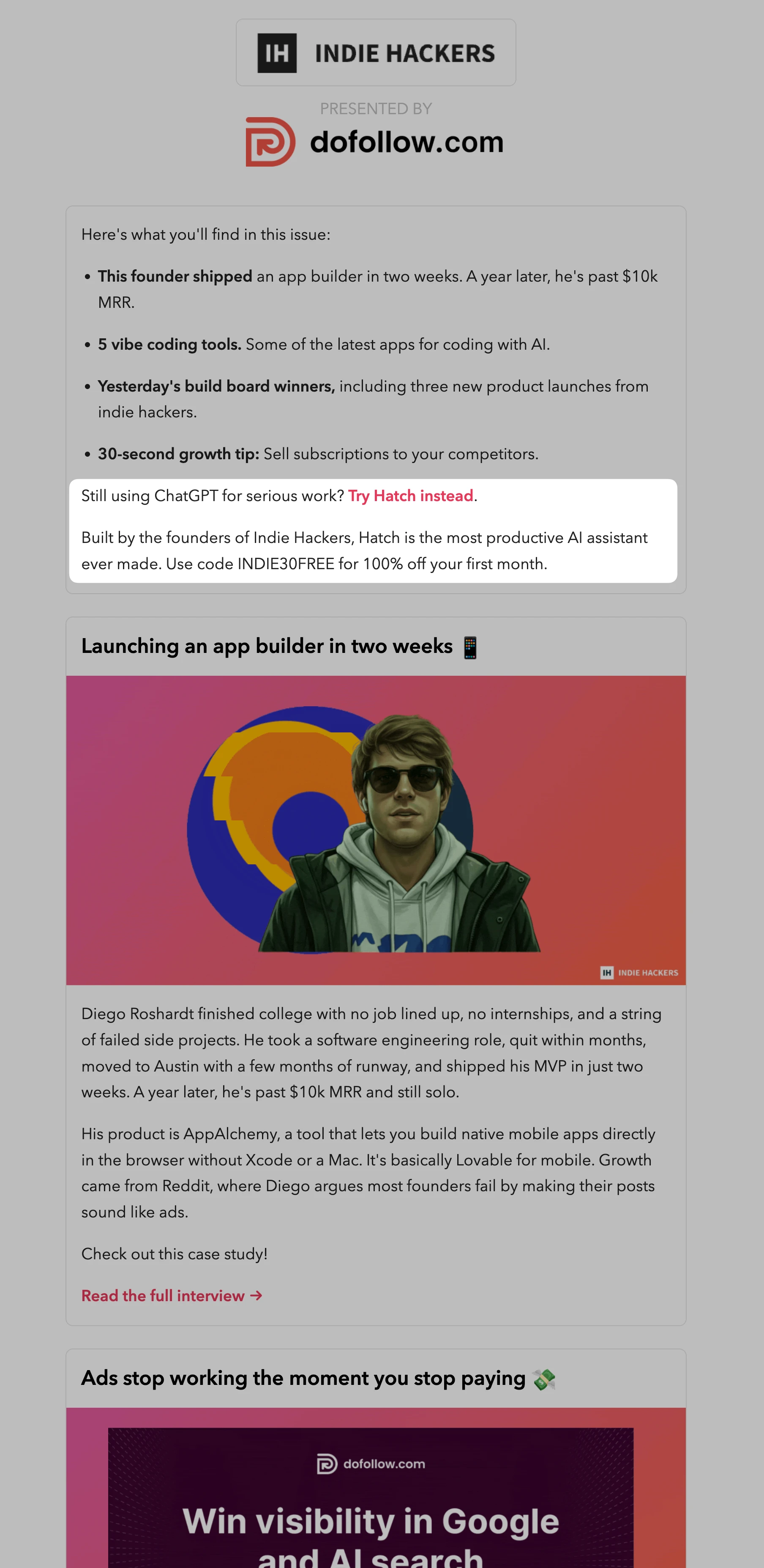 Sponsored Ad: Intro Section example on Indie Hackers