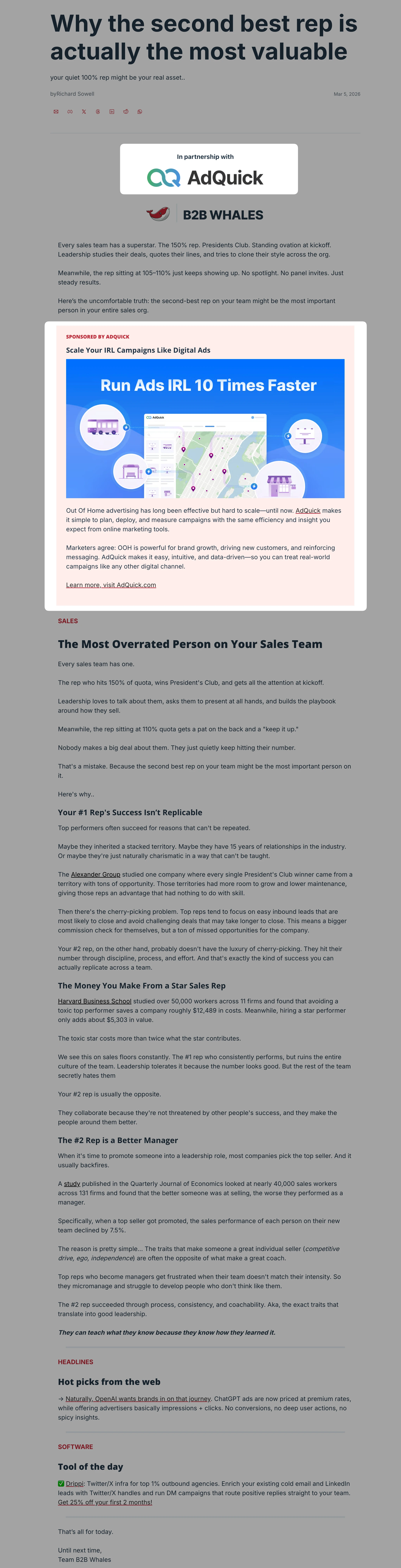 B2B Whales Newsletter - Primary Ad placement example