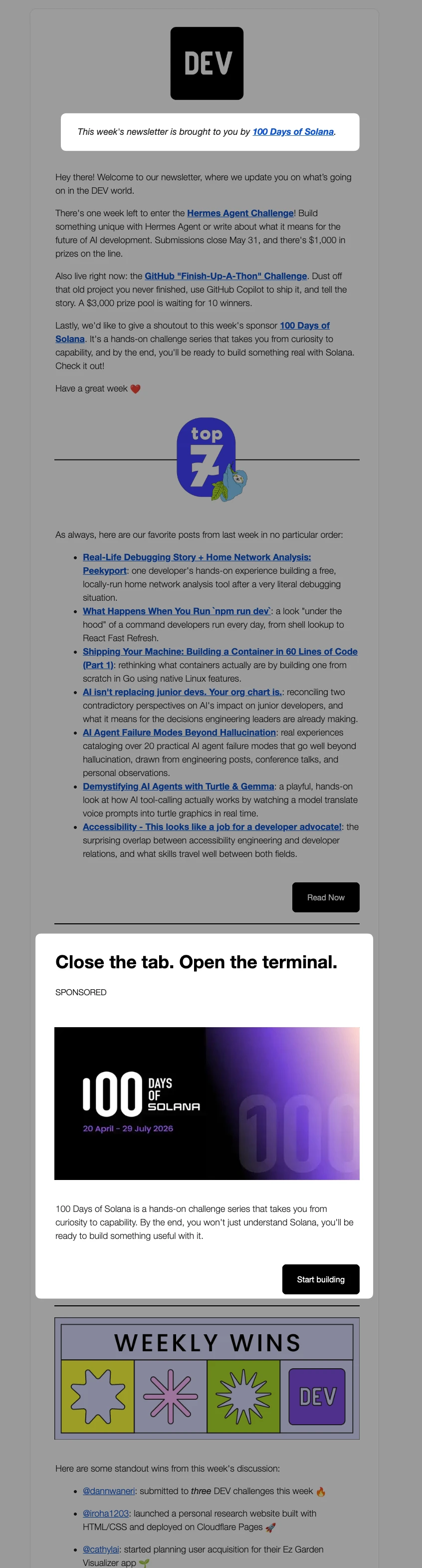 Dev.to Weekly Newsletter placement example