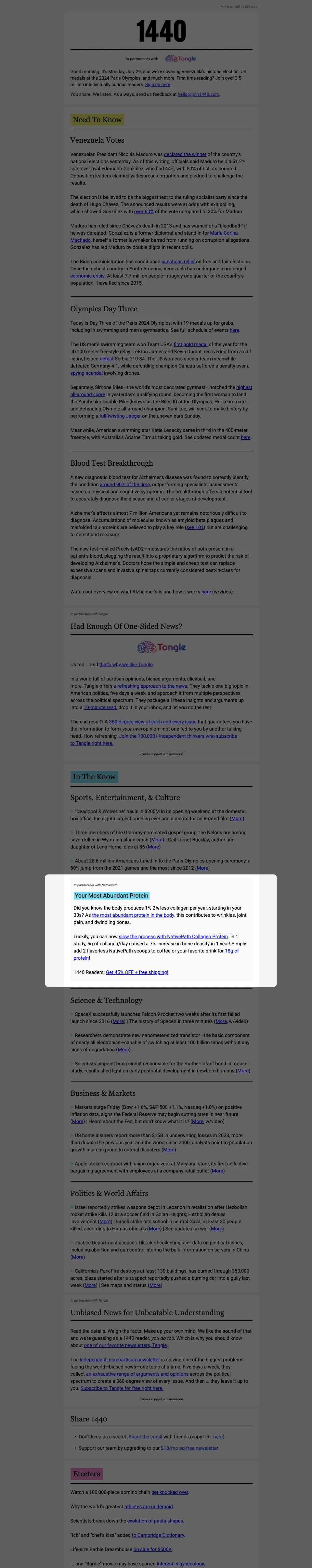 The 1440 Newsletter Sponsorship - Secondary Placement example on 1440