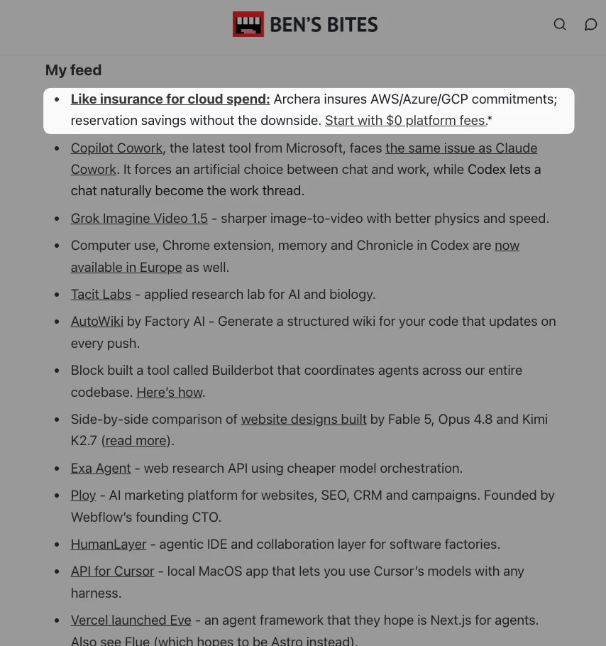 Tertiary (Top Tools) Placement example on Ben's Bites