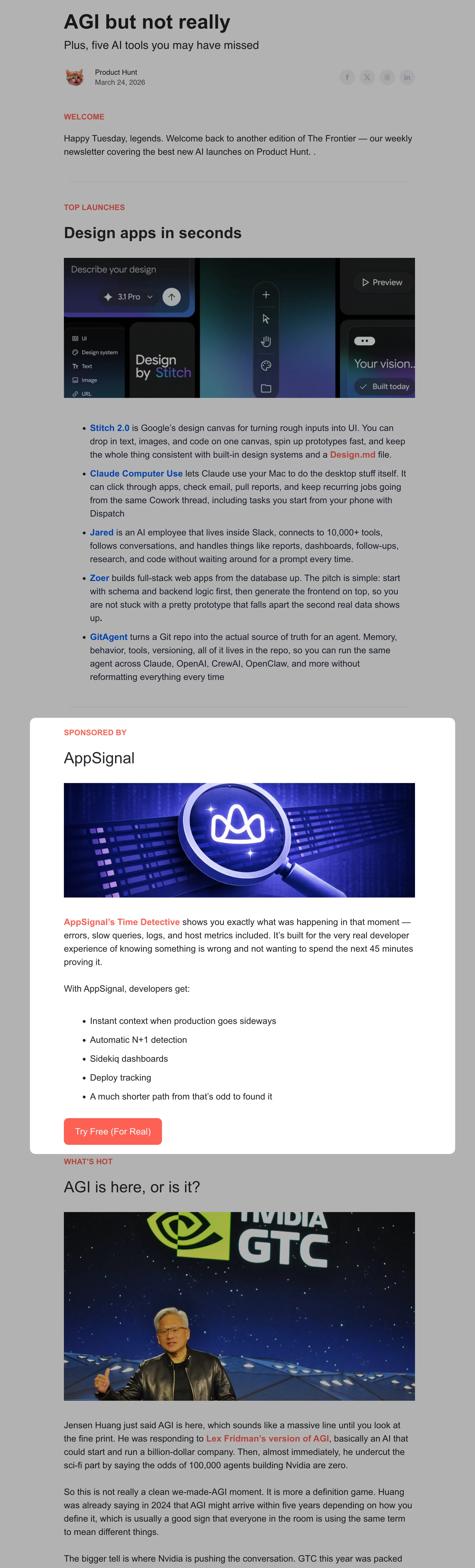 Frontier AI Newsletter example on Product Hunt