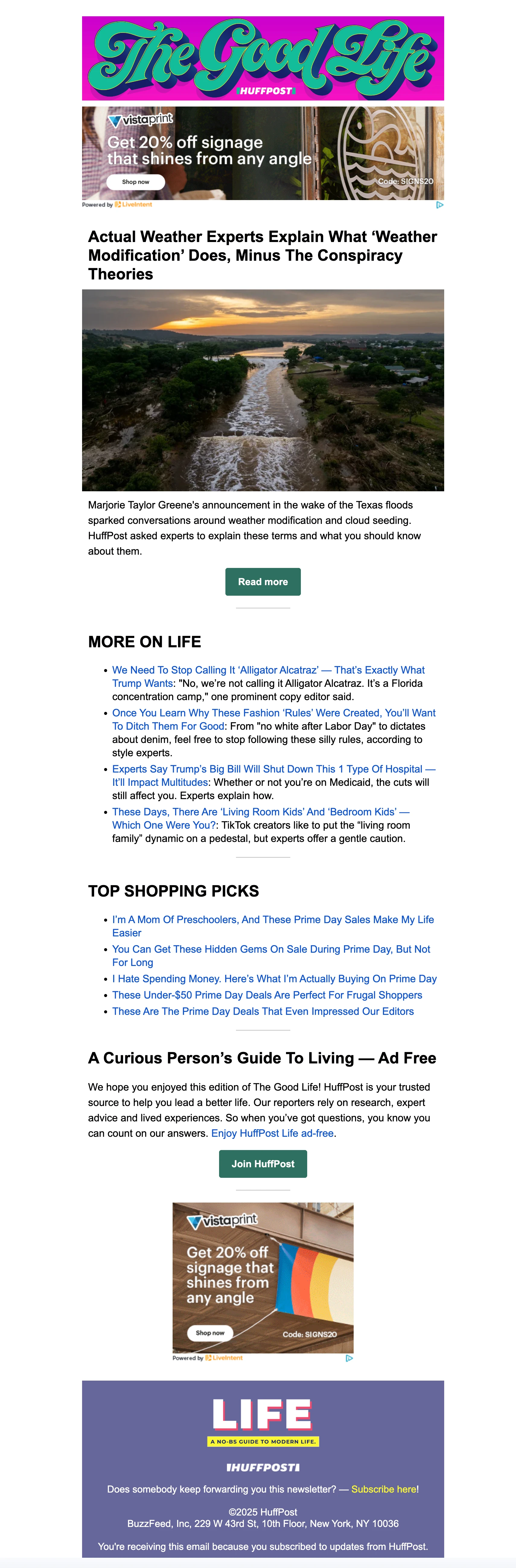 The Good Life Newsletter example on Huffington Post