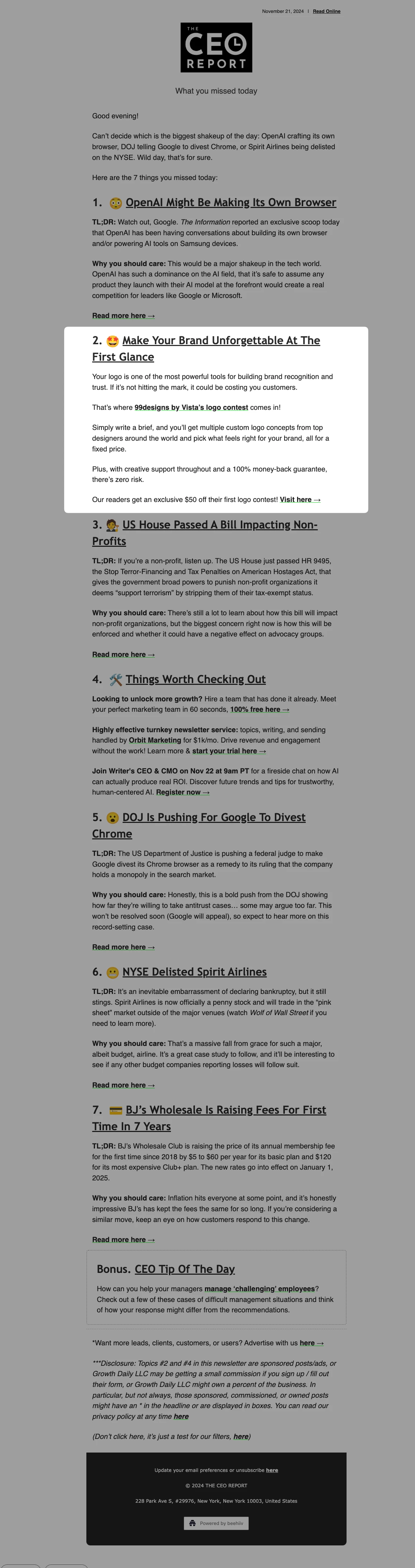 CEO Daily Newsletter - Primary Sponsorship example on Growth Daily