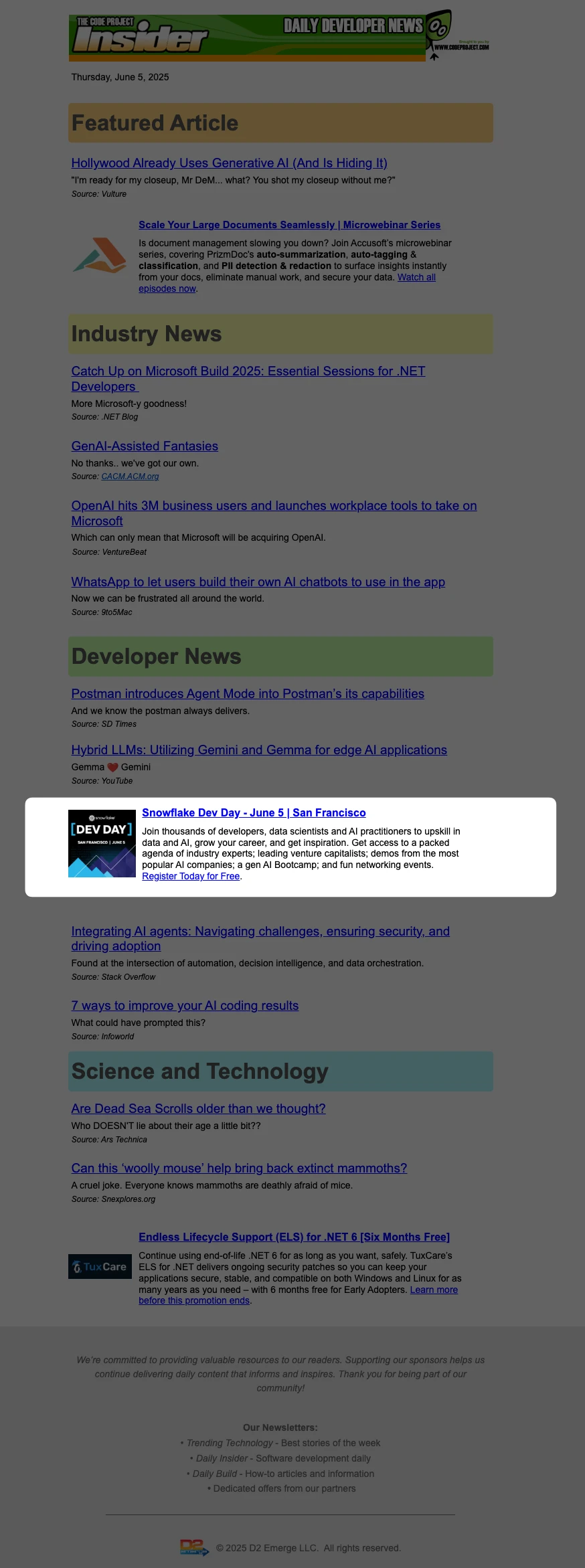 CodeProject Daily Insider Newsletter placement example