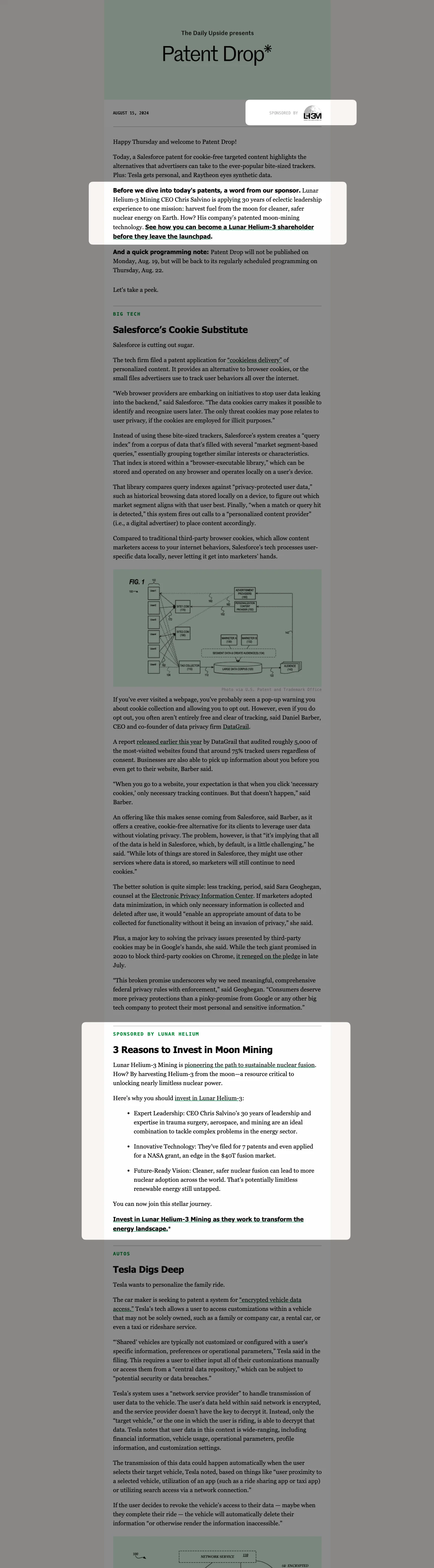 Patent Drop Newsletter - Presenting Placement example on The Daily Upside
