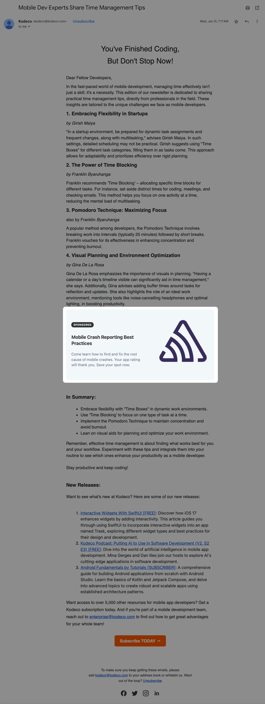 Kodeco Newsletter placement example