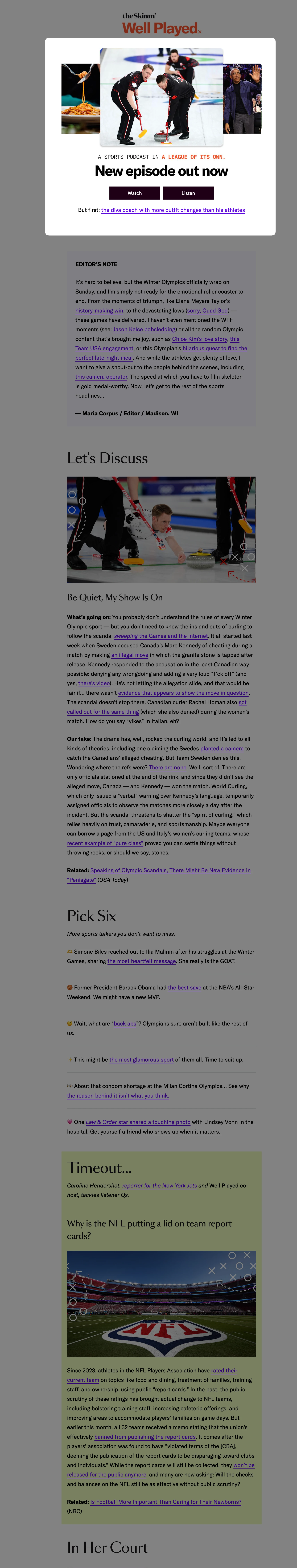 Well Played Newsletter example on theSkimm