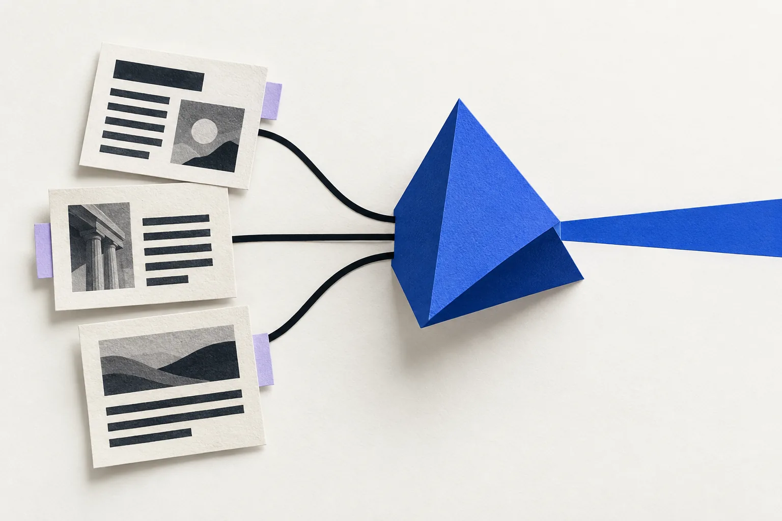 Editorial pages feed into a cobalt paper prism, representing trusted sources informing a decision.