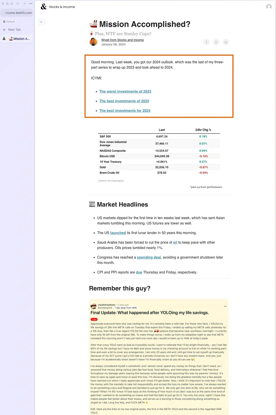 Stocks & Income Newsletter example on Alts.co