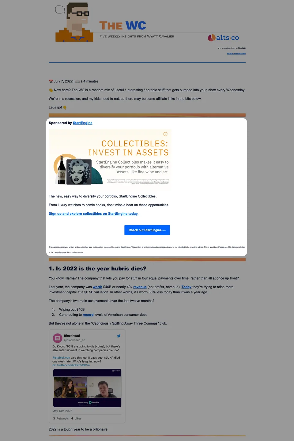 The WC Newsletter Sponsorship example on Alts.co